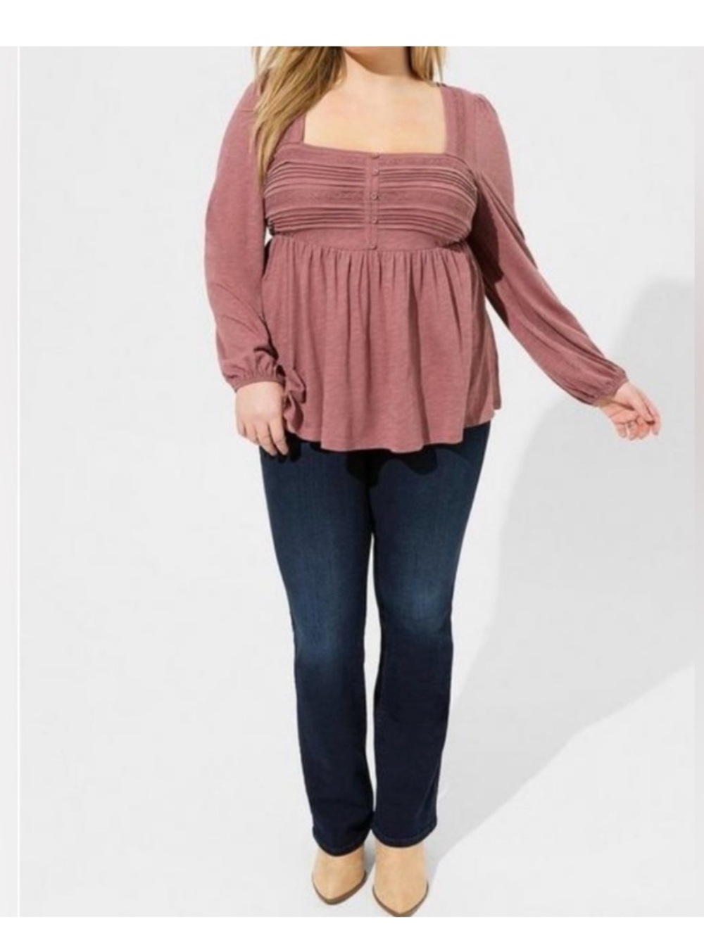 NWT Torrid Cotton Modal Slub Square Neck Pintuck Long Sleeve Top Rose Taupe 00